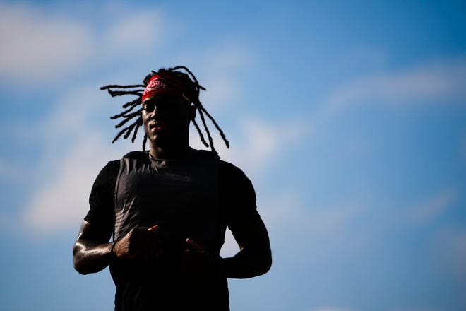 Jul 21, 2023; Columbus, Ohio, USA; Ohio State Buckeyes wide receiver Marvin Harrison Jr. works out at the Woody Hayes Athletic Center prior to the start of fall camp.