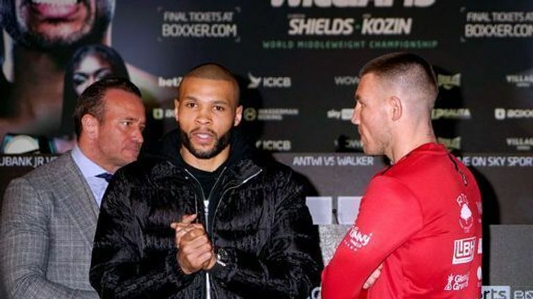 Promoter Kalle Sauerland (left), Chris Eubank Jr and Liam Williams during a press conference at the Assembly Room in City Hall, Cardiff.